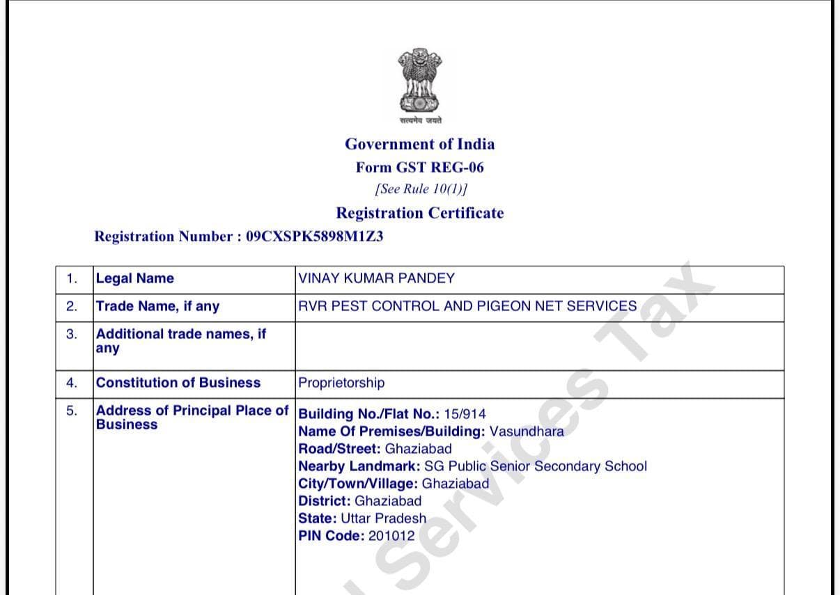 GST registration certificate for Vinay Kumar Pandey / RVR